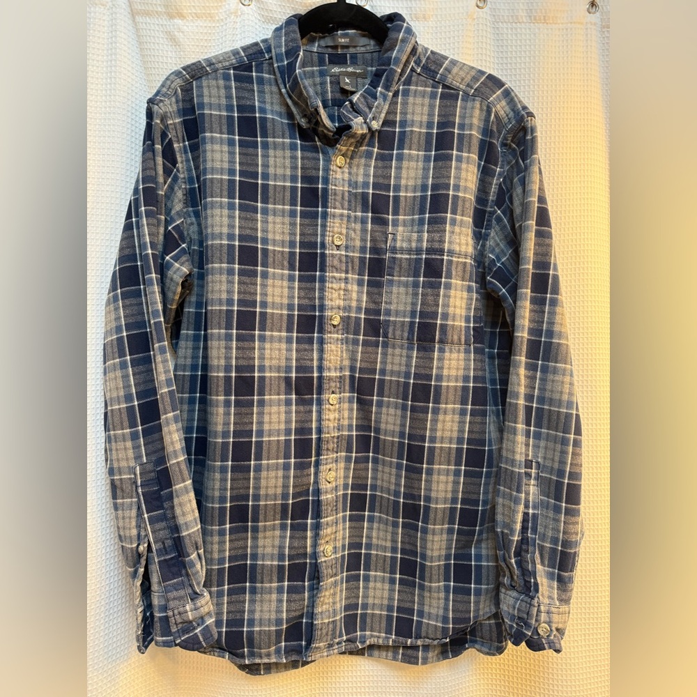 Eddie Bauer Navy and Beige Plaid Button Down Shirt
